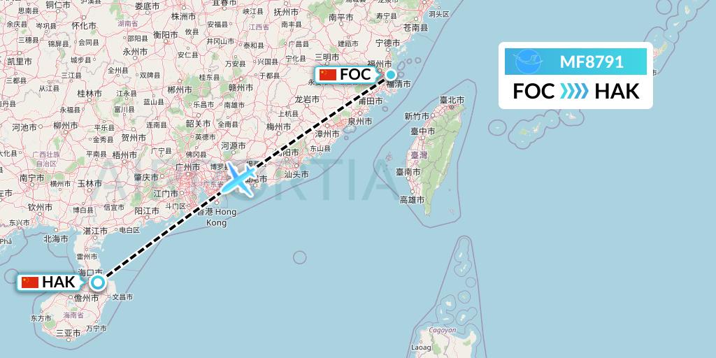 MF8791 Xiamen Airlines Flight Map: Fuzhou to Haikou