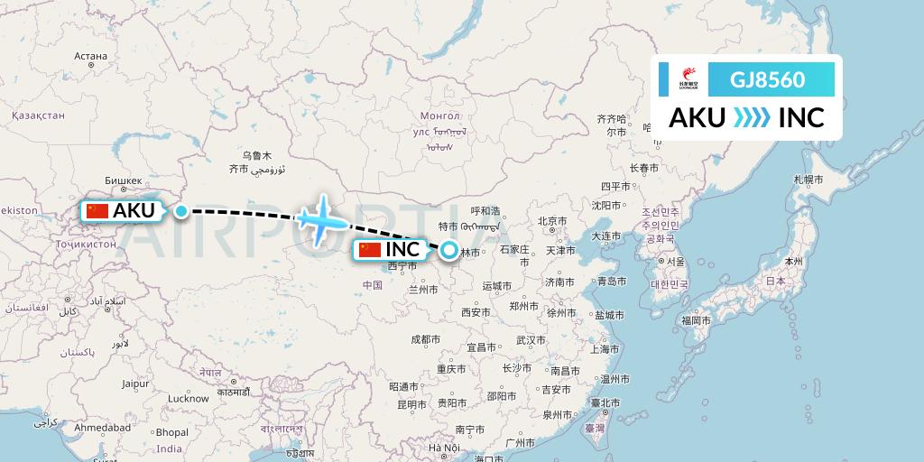 GJ8560 Loong Airlines Flight Map: Aksu to Yinchuan