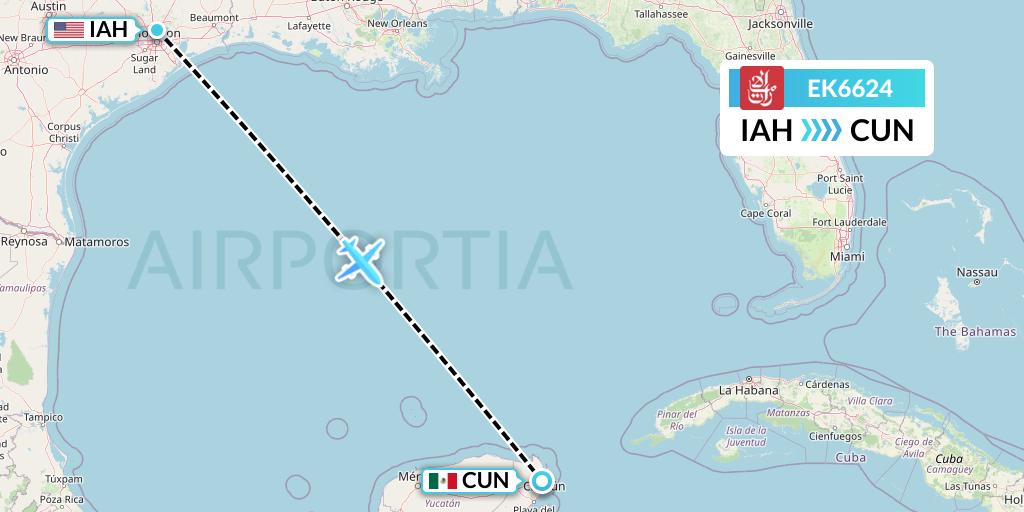 EK6624 Emirates Flight Map: Houston to Cancun