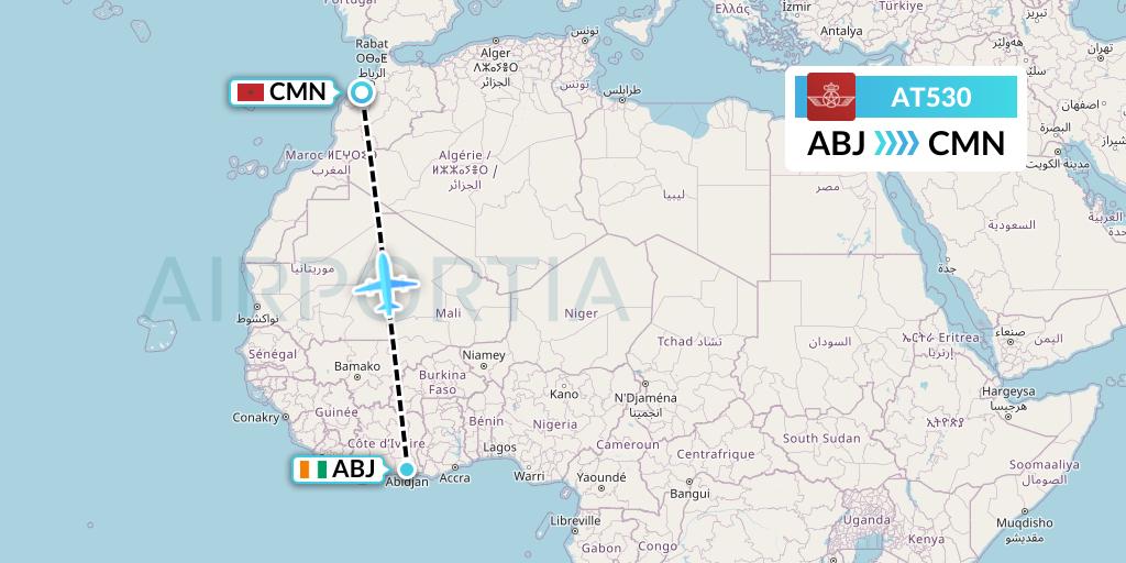 AT530 Royal Air Maroc Flight Map: Abidjan to Casablanca