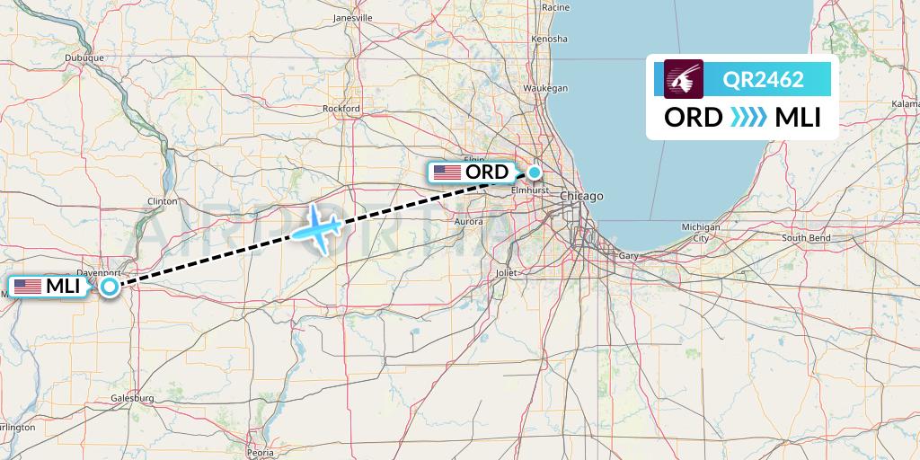 QR2462 Qatar Airways Flight Map: Chicago to Moline