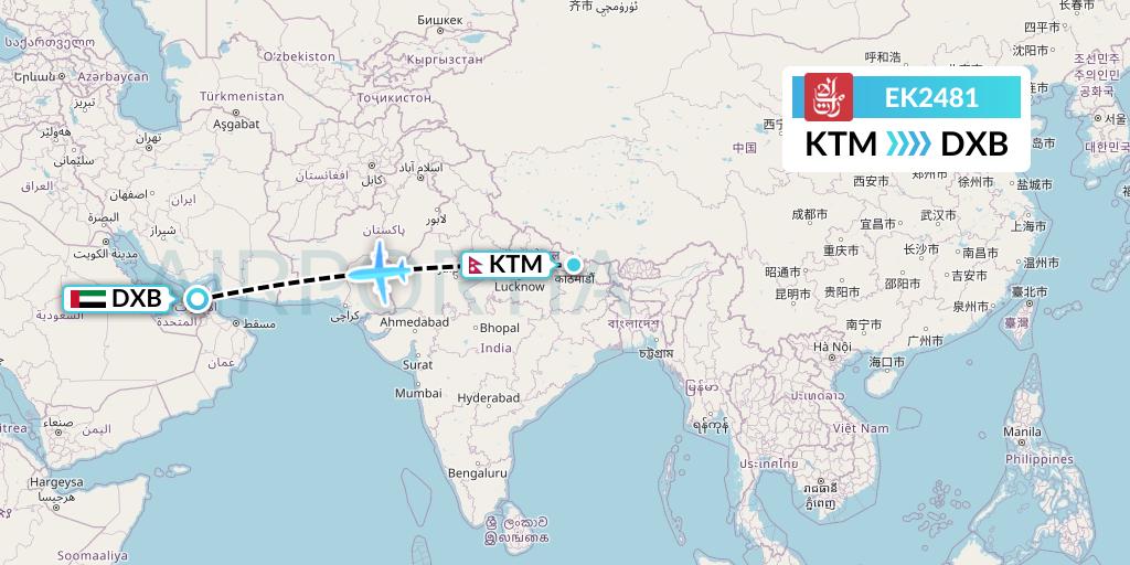 EK2481 Emirates Flight Map: Kathmandu to Dubai