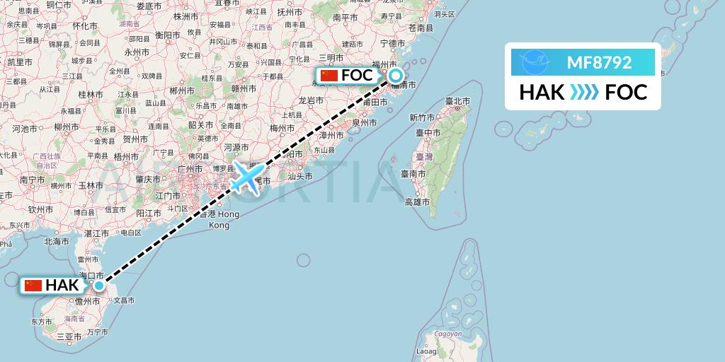 MF8792 Xiamen Airlines Flight Map: Haikou to Fuzhou