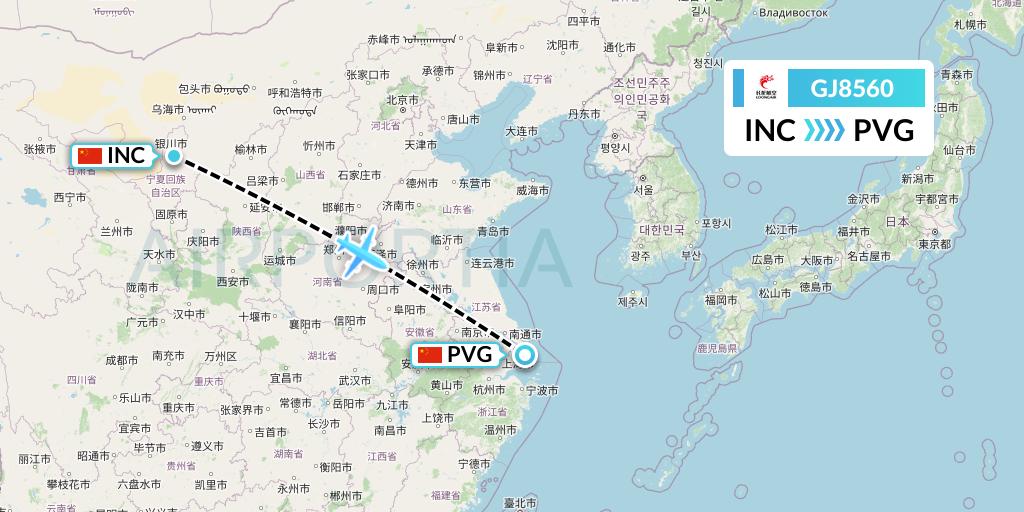 GJ8560 Loong Airlines Flight Map: Yinchuan to Shanghai