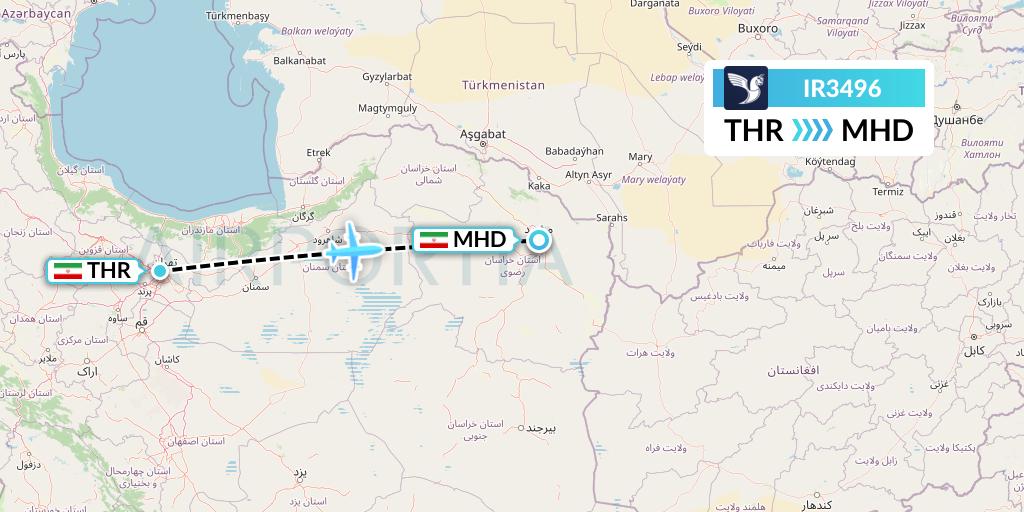 IR3496 Iran Air Flight Map: Tehran to Mashhad