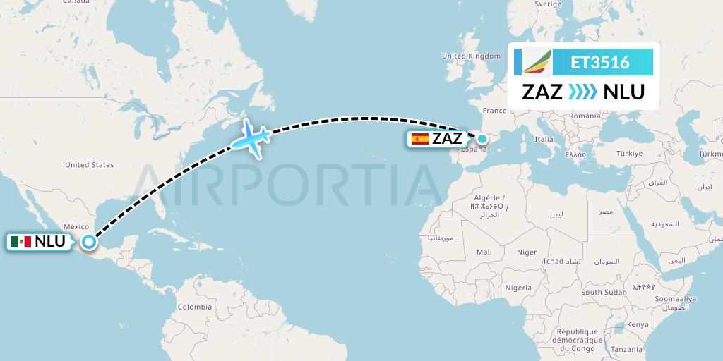 ET3516 Ethiopian Airlines Flight Map: Zaragoza to Reyes Acozac
