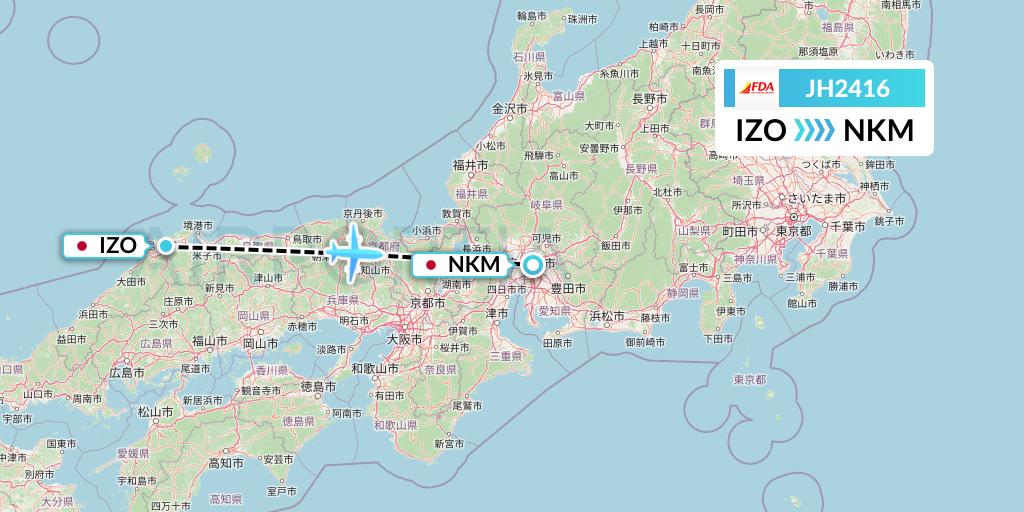 JH2416 Fuji Dream Airlines Flight Map: Izumo to Nagoya