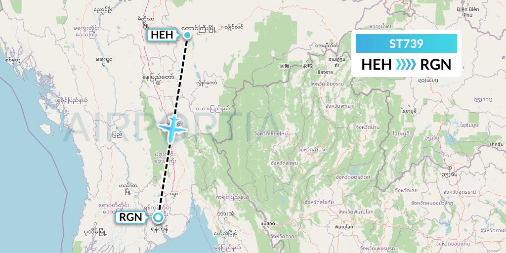 ST739 Air Thanlwin Flight Map: Heho to Yangon