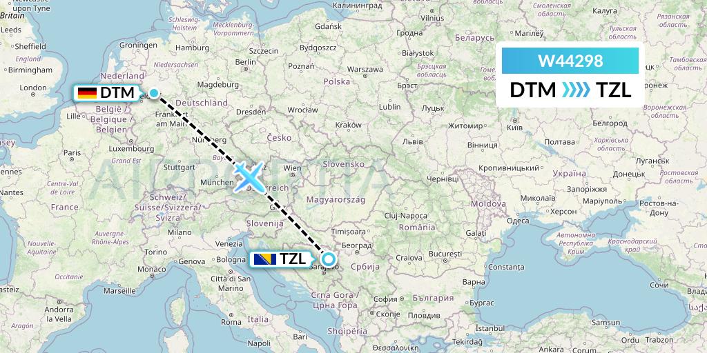W44298 Wizz Air Malta Flight Map: Dortmund to Tuzla