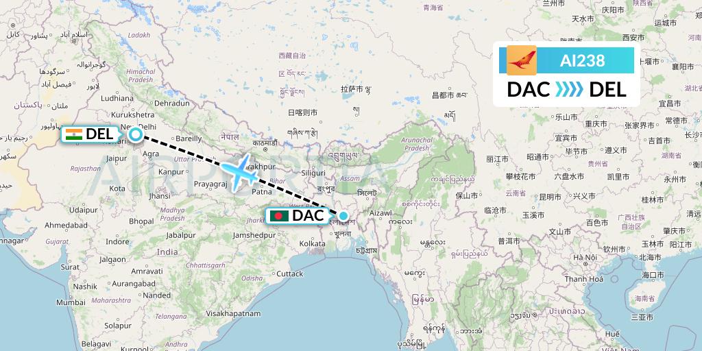 AI238 Air India Flight Map: Dhaka to Delhi