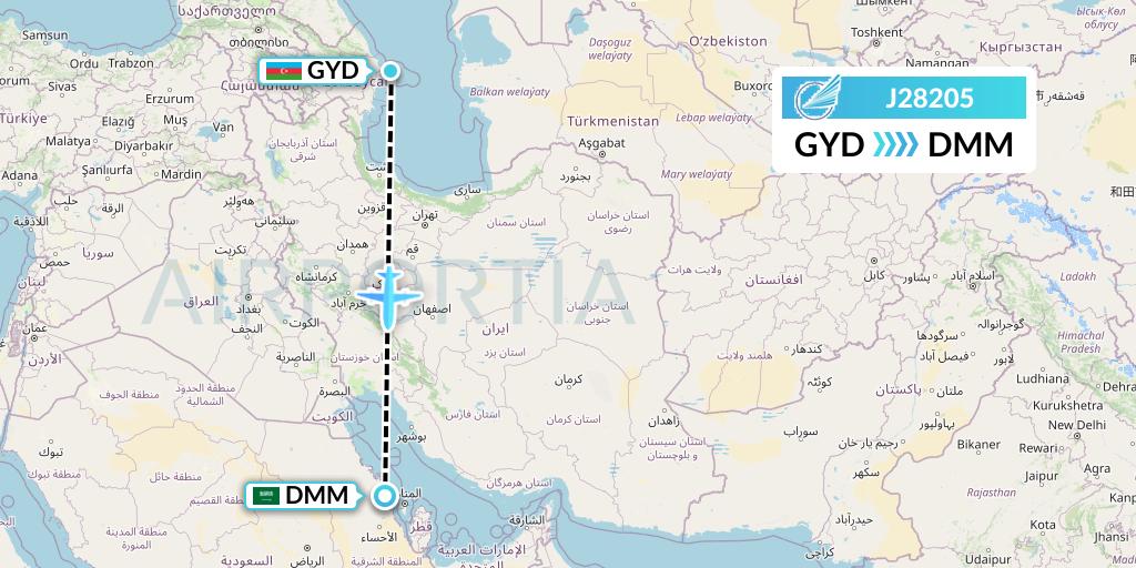 J28205 Azerbaijan Airlines Flight Map: Baku to Dammam