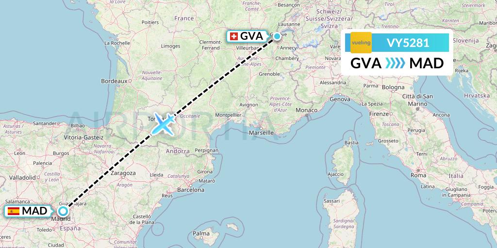 VY5281 Vueling Flight Map: Geneva to Madrid