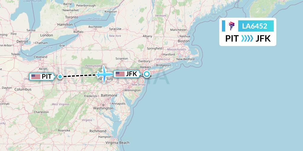 LA6452 LAN Airlines Flight Map: Pittsburgh to New York