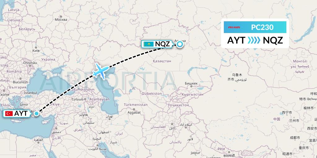PC230 Pegasus Airlines Flight Map: Antalya to Astana