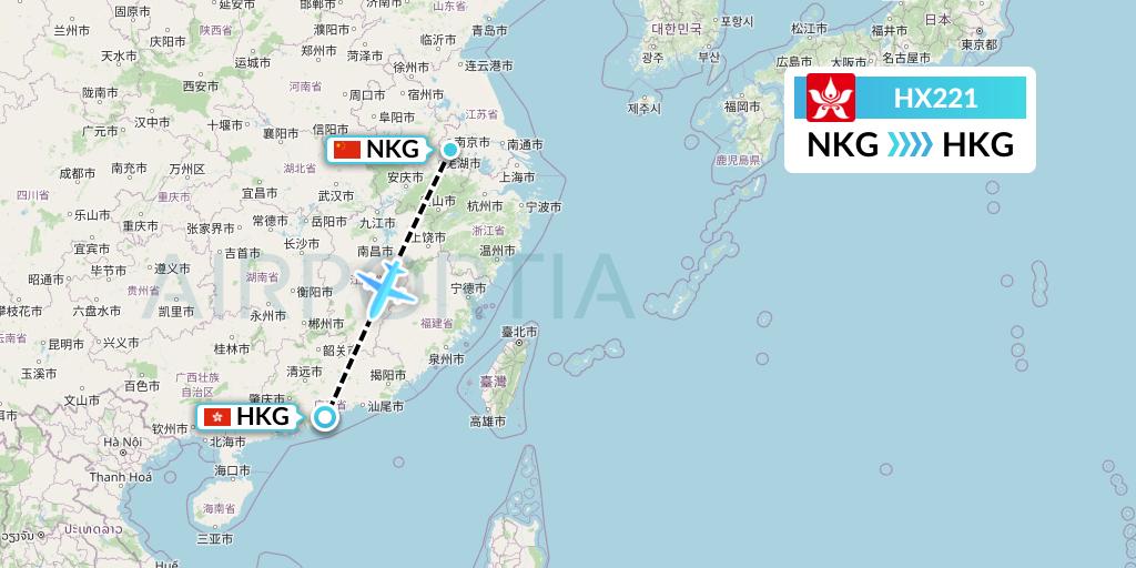 HX221 Hong Kong Airlines Flight Map: Nanjing to Hong Kong