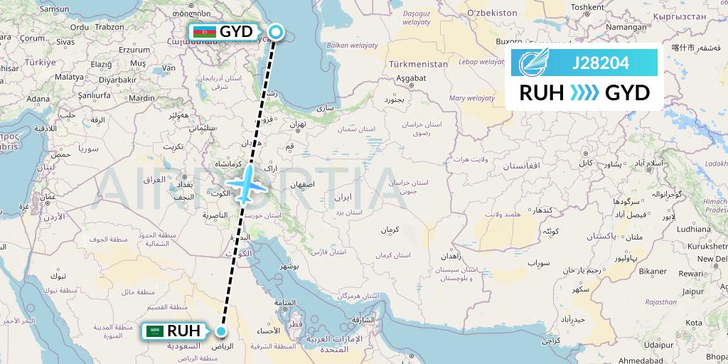 J28204 Azerbaijan Airlines Flight Map: Riyadh to Baku