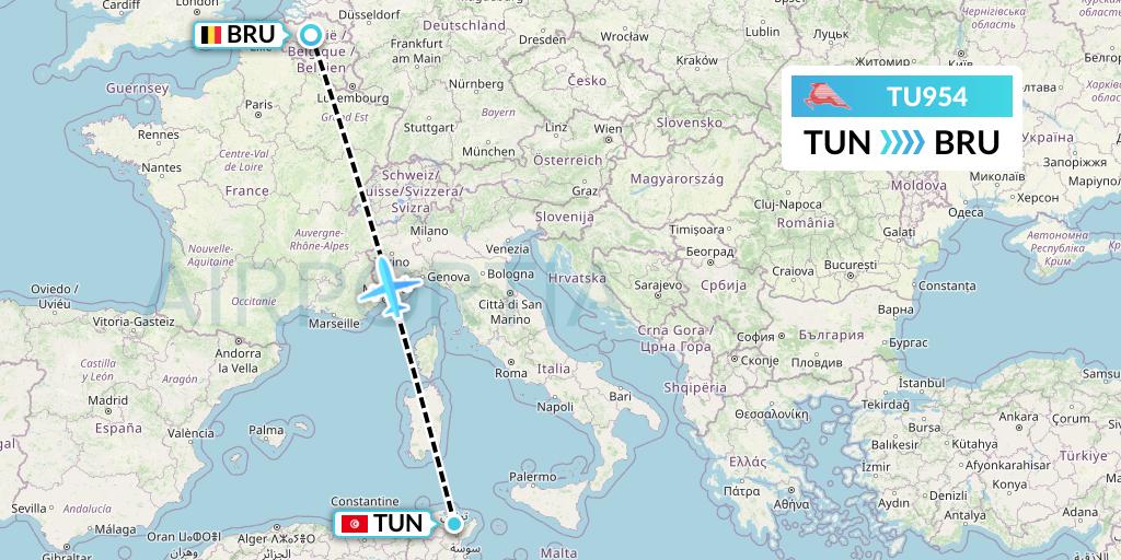 TU954 Tunisair Flight Map: Tunis to Brussels