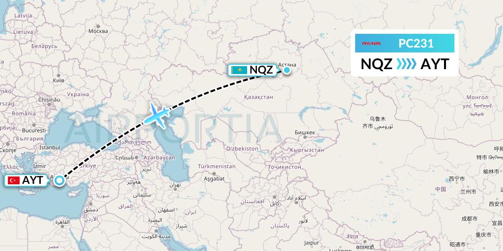 PC231 Pegasus Airlines Flight Map: Astana to Antalya
