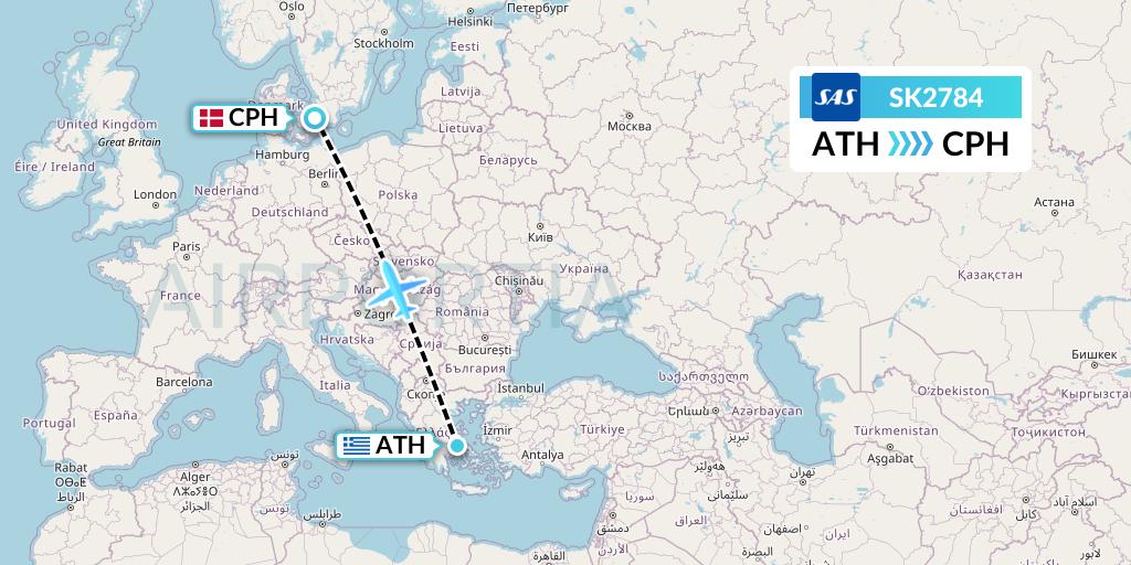 SK2784 SAS Flight Map: Athens to Copenhagen