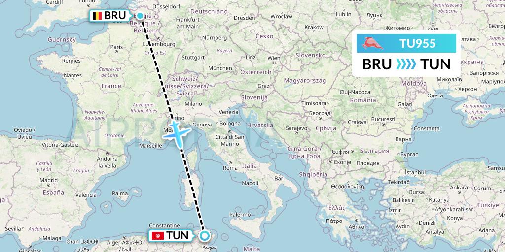 TU955 Tunisair Flight Map: Brussels to Tunis