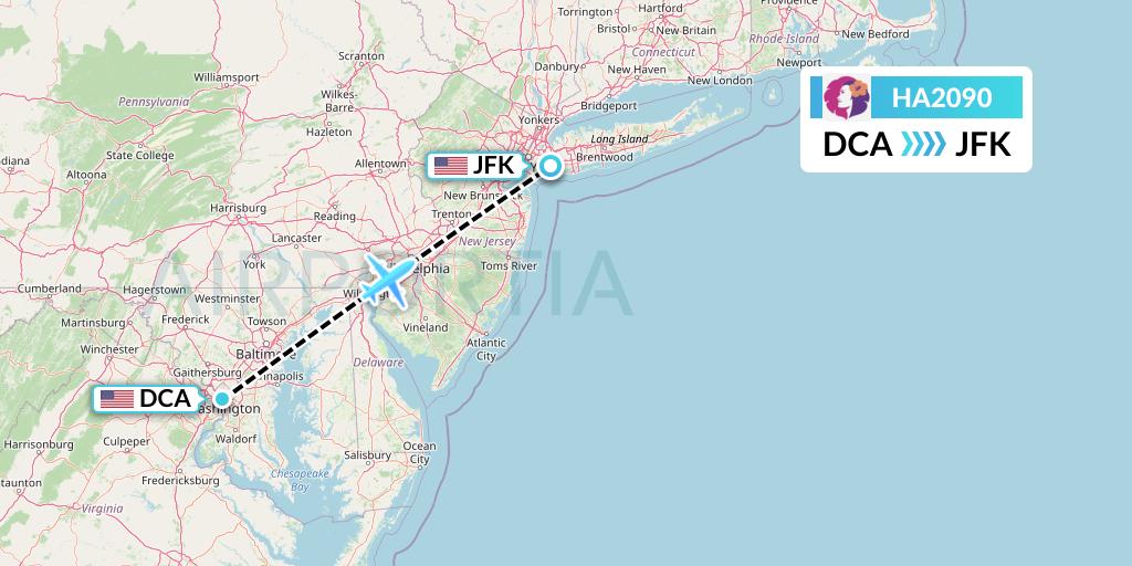HA2090 Hawaiian Airlines Flight Map: Washington to New York
