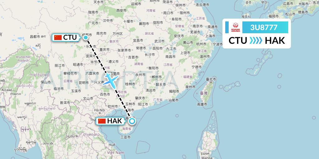 3U8777 Sichuan Airlines Flight Map: Chengdu to Haikou