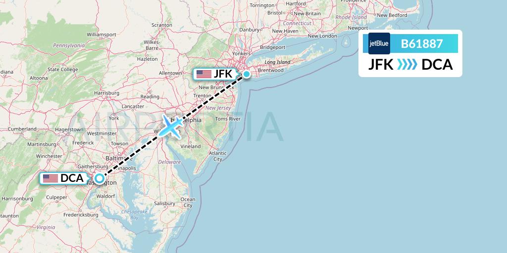 B61887 JetBlue Airways Flight Map: New York to Washington