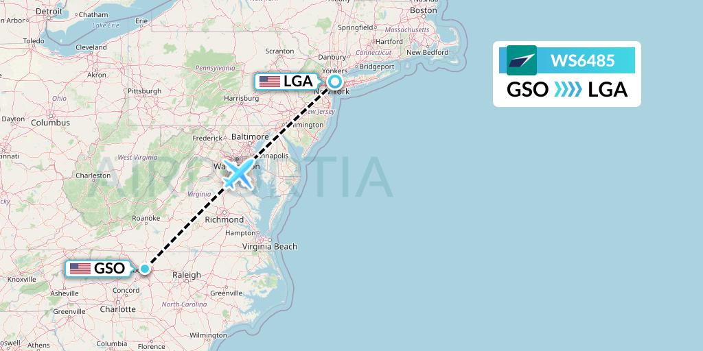 WS6485 WestJet Flight Map: Greensboro to New York