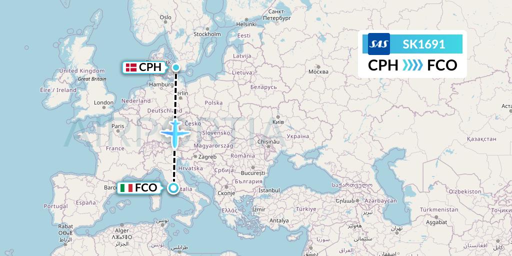 SK1691 SAS Flight Map: Copenhagen to Rome