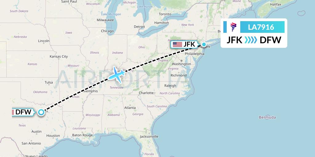 LA7916 LAN Airlines Flight Map: New York to Dallas