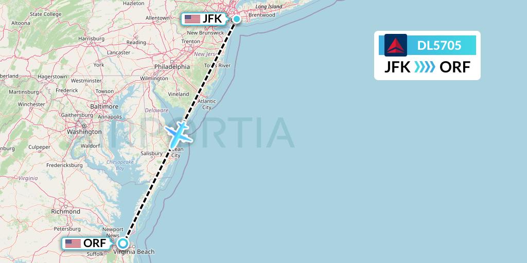 DL5705 Delta Air Lines Flight Map: New York to Norfolk