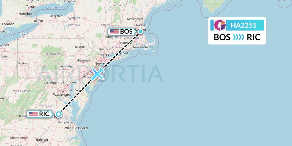 HA2251 Hawaiian Airlines Flight Map: Boston to Richmond