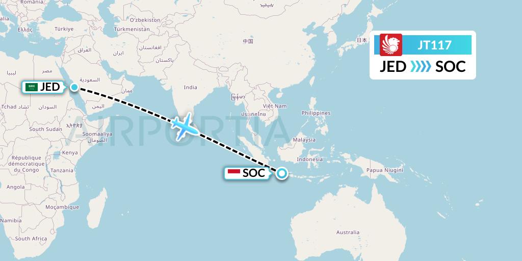 JT117 Lion Airlines Flight Map: Jeddah to Surakarta