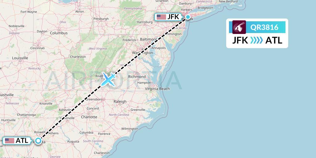 QR3816 Qatar Airways Flight Map: New York to Atlanta