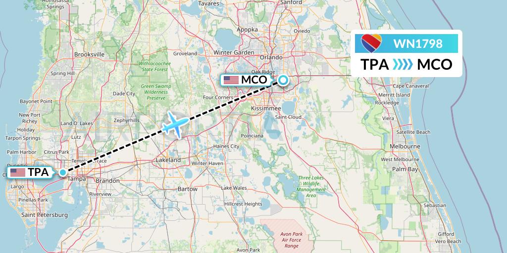 WN1798 Southwest Airlines Flight Map: Tampa to Orlando