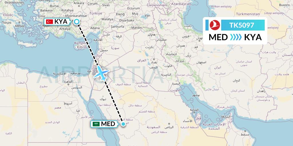 TK5097 Turkish Airlines Flight Map: Medina to Konya