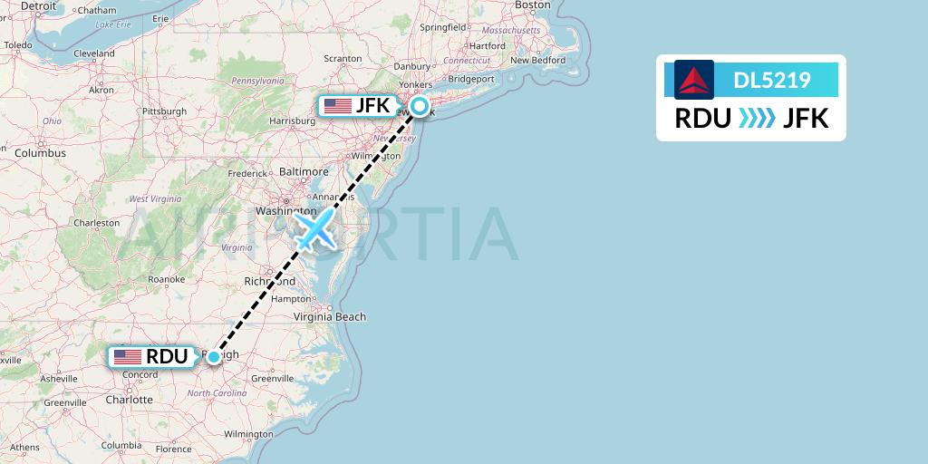 DL5219 Delta Air Lines Flight Map: Raleigh-Durham to New York