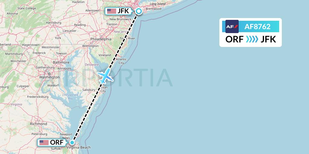 AF8762 Air France Flight Map: Norfolk to New York