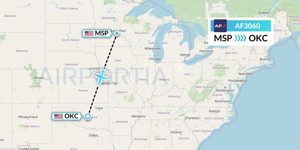 AF3060 Air France Flight Map: Minneapolis to Oklahoma City