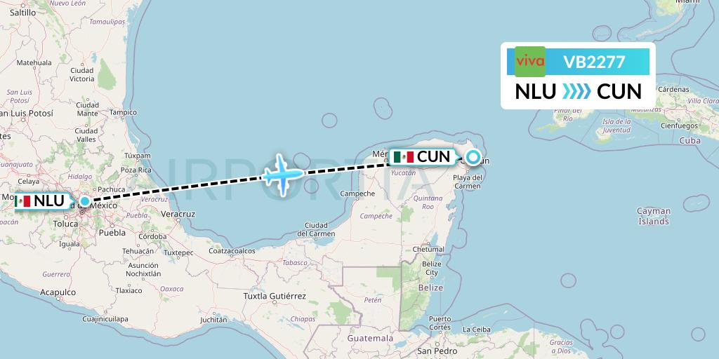 VB2277 VivaAerobus Flight Map: Reyes Acozac to Cancun