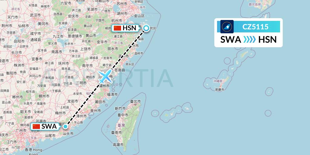 CZ5115 China Southern Airlines Flight Map: Jieyang to Zhoushan