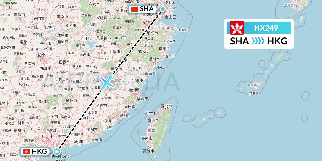 HX249 Hong Kong Airlines Flight Map: Shanghai to Hong Kong