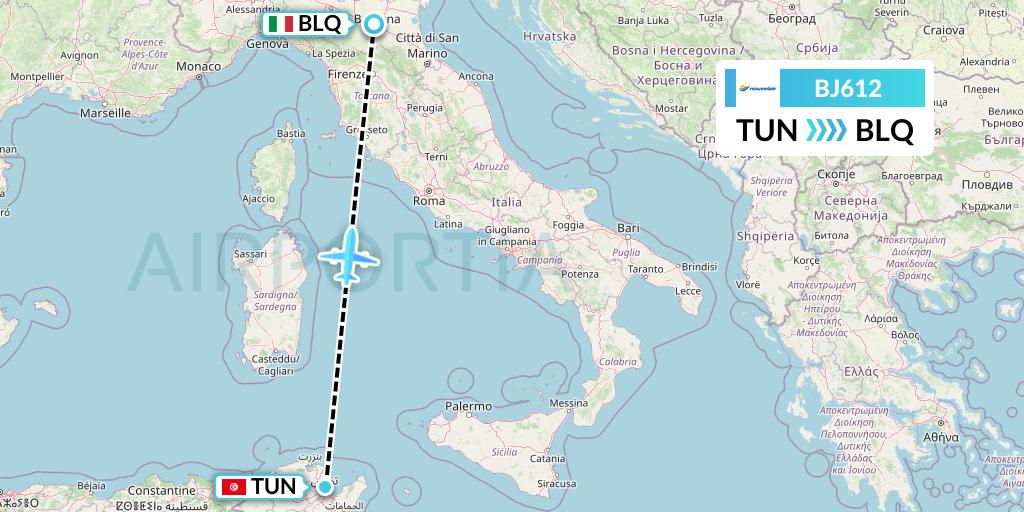 BJ612 Nouvelair Tunisie Flight Map: Tunis to Bologna