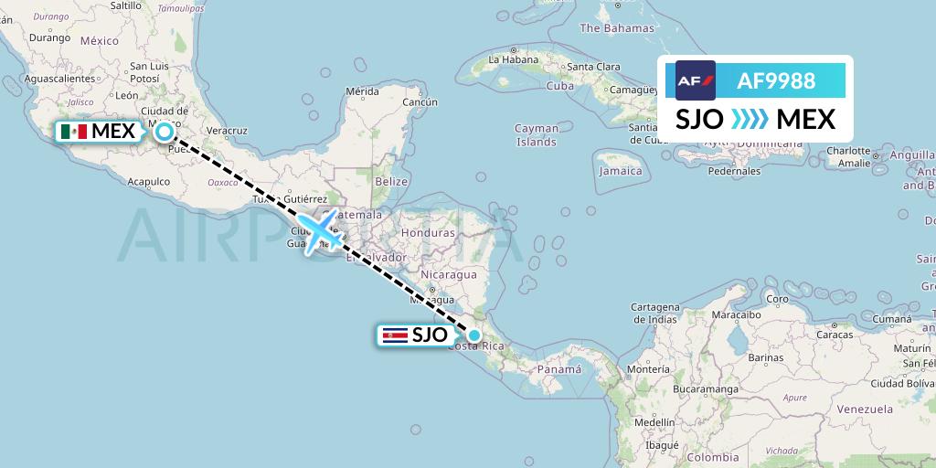 AF9988 Air France Flight Map: San Jose to Mexico City