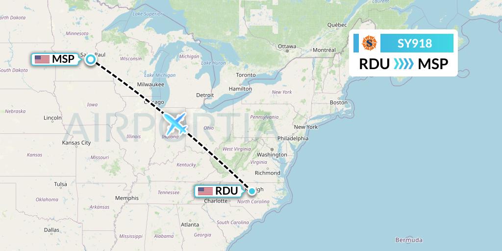 SY918 Sun Country Airlines Flight Map: Raleigh-Durham to Minneapolis