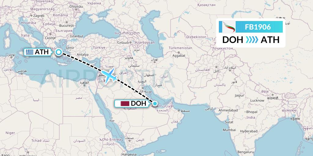 FB1906 Bulgaria Air Flight Map: Doha to Athens