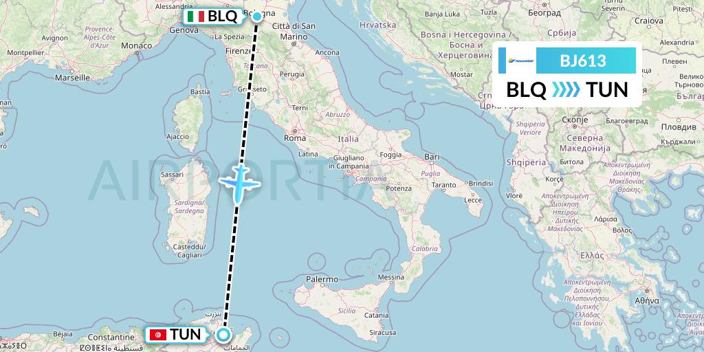 BJ613 Nouvelair Tunisie Flight Map: Bologna to Tunis