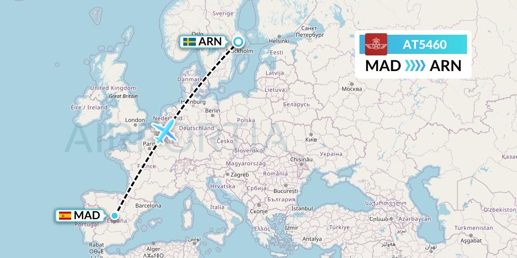 AT5460 Royal Air Maroc Flight Map: Madrid to Stockholm