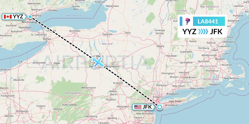 LA8441 LAN Airlines Flight Map: Toronto to New York