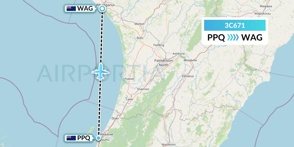 3C671 Air Chathams Flight Map: Paraparaumu to Wanganui